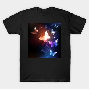 Glowing Night Butterflies on Black Background T-Shirt